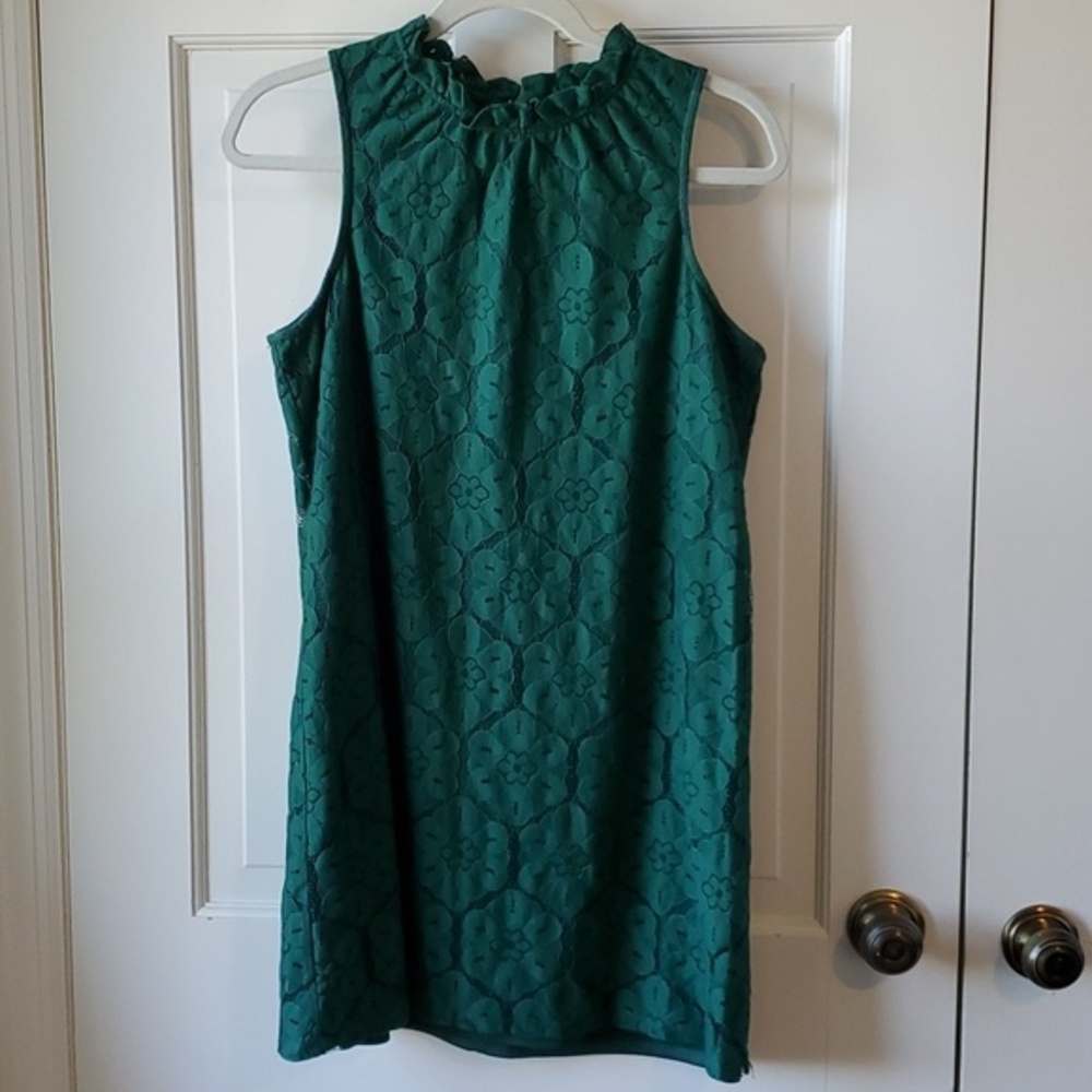 KATHERINE BARCLAY DARK GREEN SLEEVELESS LACE SHIFT DRESS SIZE MEDIUM
